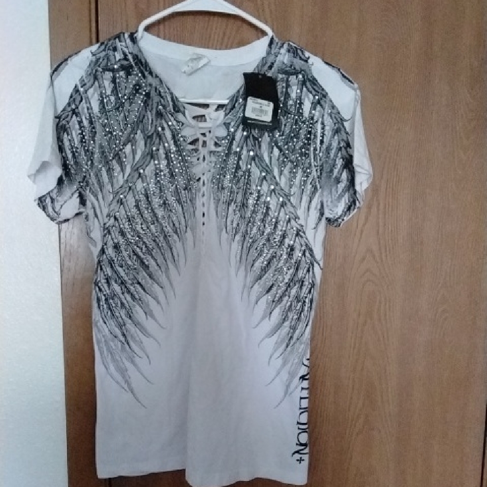 Affliction White Tee with Black Wing Design